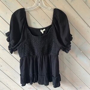 Indulge In Style Black Crochet Lace‎ Smocked Puff Sleeve Babydoll Top XL Boho